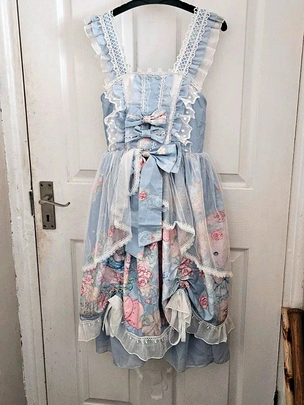 Floral Lace Trim Dress in Blue & Pink